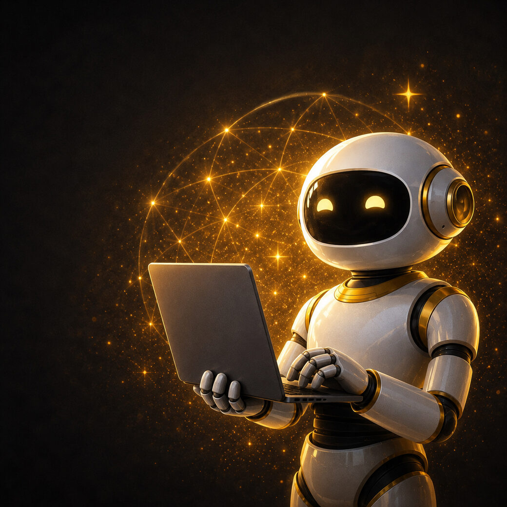 Friendly white-and-gold robot mascot working on a laptop, for Small Business, Meet AI